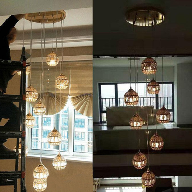 Crystal Encrusted Sphere Multi-Light Pendant Modern Style Ceiling Hanging Lantern in Gold for Staircase Clearhalo 'Ceiling Lights' 'Modern Pendants' 'Modern' 'Pendant Lights' 'Pendants' Lighting' 2462194