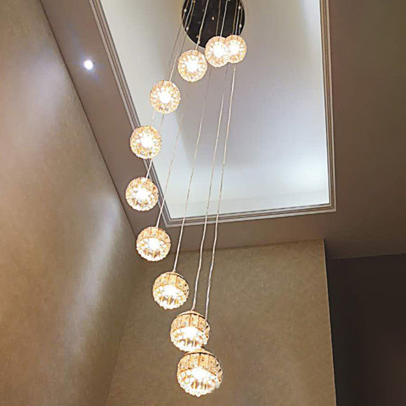 Crystal Encrusted Sphere Multi-Light Pendant Modern Style Ceiling Hanging Lantern in Gold for Staircase 10 Gold Spiral Clearhalo 'Ceiling Lights' 'Modern Pendants' 'Modern' 'Pendant Lights' 'Pendants' Lighting' 2462195