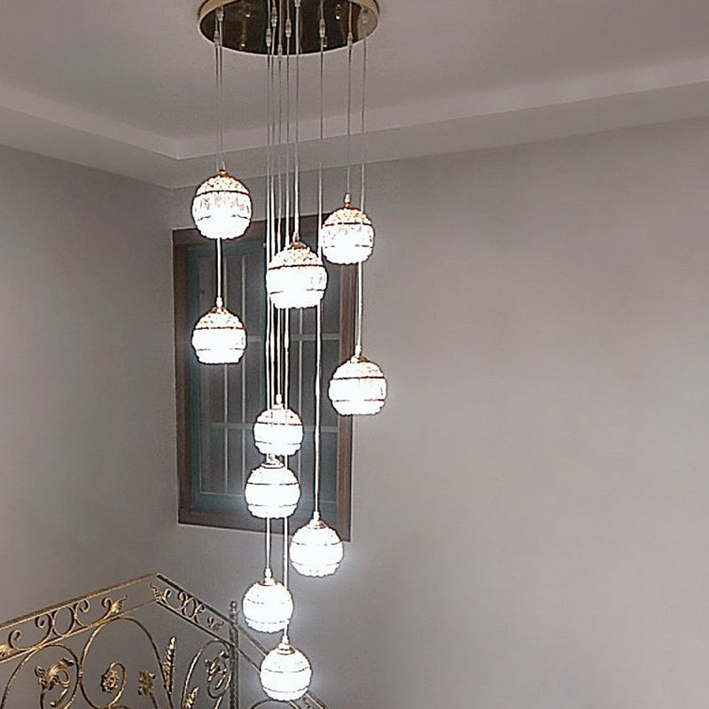 Crystal Encrusted Sphere Multi-Light Pendant Modern Style Ceiling Hanging Lantern in Gold for Staircase 10 Gold Regular Clearhalo 'Ceiling Lights' 'Modern Pendants' 'Modern' 'Pendant Lights' 'Pendants' Lighting' 2462196