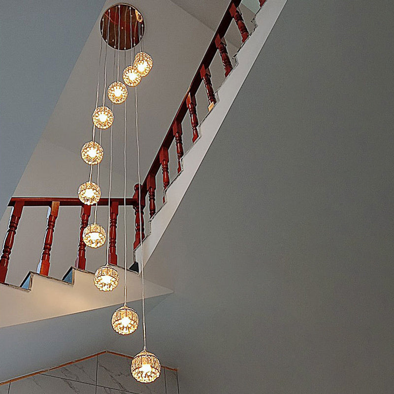 Crystal Encrusted Sphere Multi-Light Pendant Modern Style Ceiling Hanging Lantern in Gold for Staircase 12 Gold Spiral Clearhalo 'Ceiling Lights' 'Modern Pendants' 'Modern' 'Pendant Lights' 'Pendants' Lighting' 2462197