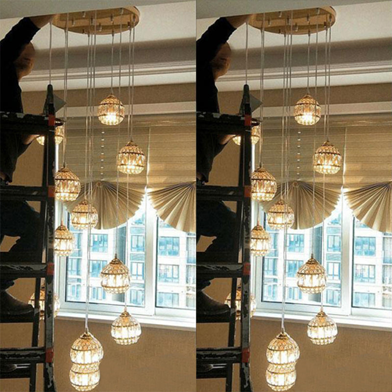 Crystal Encrusted Sphere Multi-Light Pendant Modern Style Ceiling Hanging Lantern in Gold for Staircase 12 Gold Regular Clearhalo 'Ceiling Lights' 'Modern Pendants' 'Modern' 'Pendant Lights' 'Pendants' Lighting' 2462198