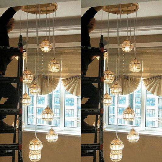 Crystal Encrusted Sphere Multi-Light Pendant Modern Style Ceiling Hanging Lantern in Gold for Staircase 12 Gold Regular Clearhalo 'Ceiling Lights' 'Modern Pendants' 'Modern' 'Pendant Lights' 'Pendants' Lighting' 2462198
