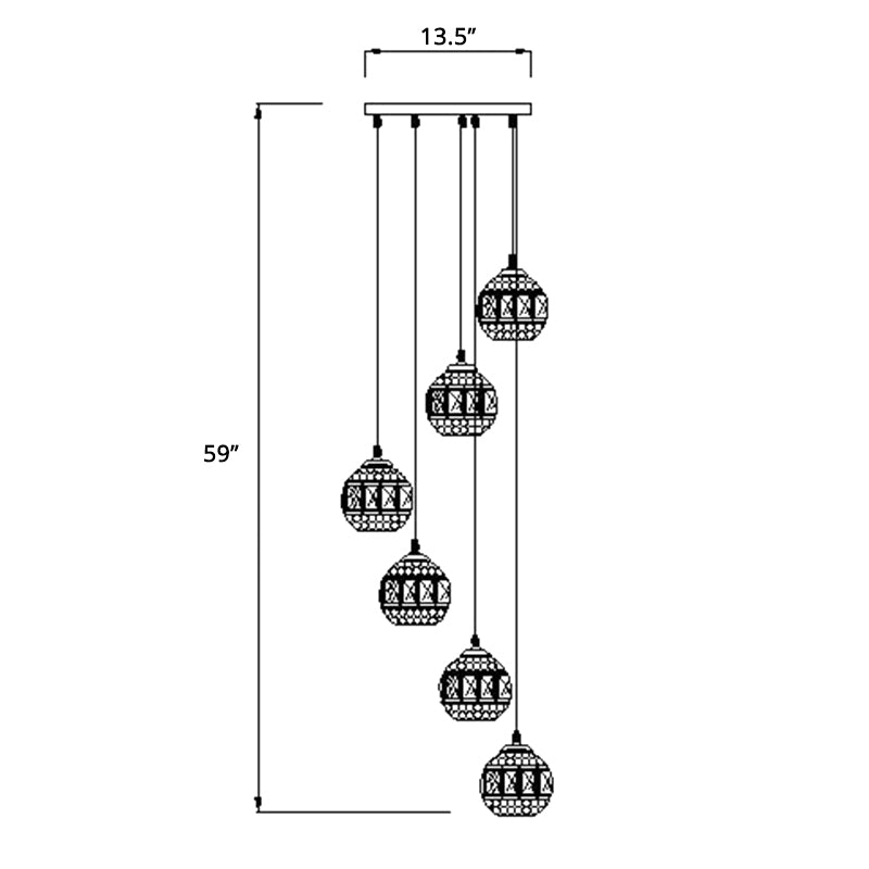 Crystal Encrusted Sphere Multi-Light Pendant Modern Style Ceiling Hanging Lantern in Gold for Staircase 6 Gold Spiral Clearhalo 'Ceiling Lights' 'Modern Pendants' 'Modern' 'Pendant Lights' 'Pendants' Lighting' 2462199