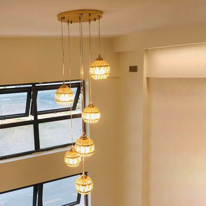 Crystal Encrusted Sphere Multi-Light Pendant Modern Style Ceiling Hanging Lantern in Gold for Staircase 6 Gold Regular Clearhalo 'Ceiling Lights' 'Modern Pendants' 'Modern' 'Pendant Lights' 'Pendants' Lighting' 2462200