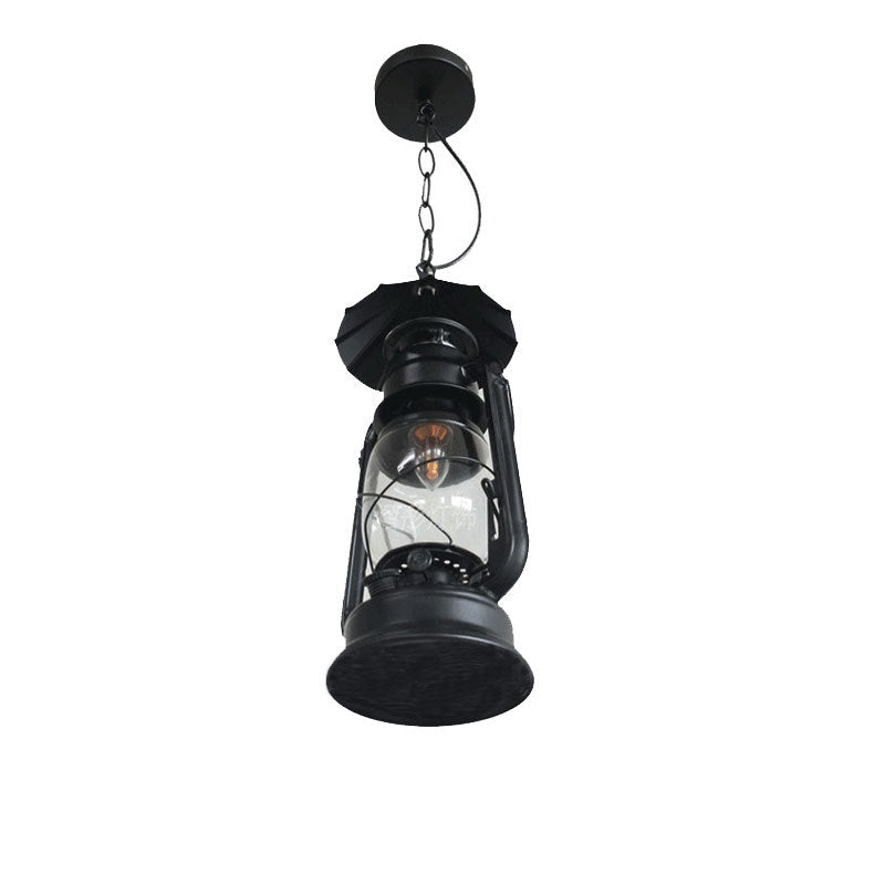 Nautical Kerosene Lantern Pendant Light Single-Bulb Clear Glass Hanging Lamp for Corridor Black Umbrella Clearhalo 'Art Deco Pendants' 'Black' 'Cast Iron' 'Ceiling Lights' 'Ceramic' 'Crystal' 'Industrial Pendants' 'Industrial' 'Metal' 'Middle Century Pendants' 'Pendant Lights' 'Pendants' 'Rustic Pendants' 'Tiffany' Lighting' 2462240