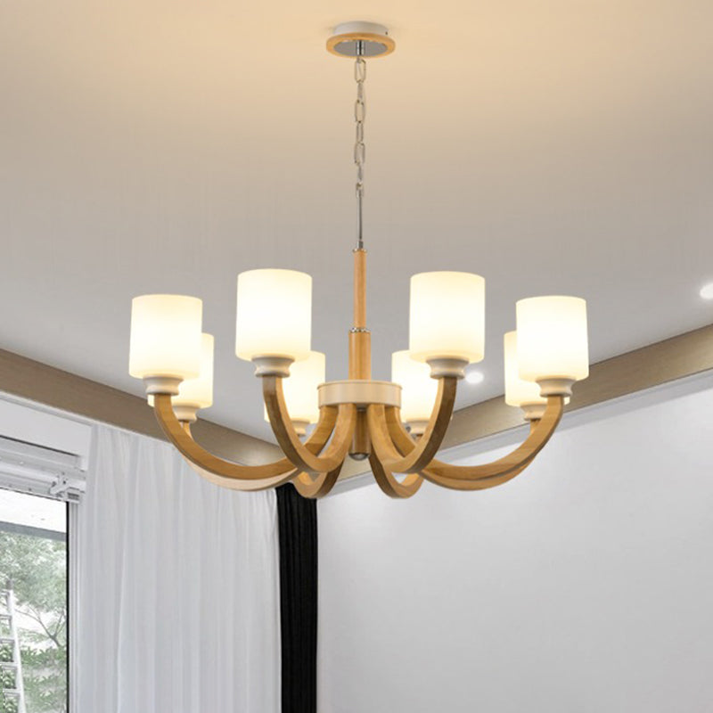 Wooden Arc Arm Up Chandelier Minimalist Brown Hanging Light with Cylindrical White Glass Shade Clearhalo 'Carpenter Chandeliers' 'Ceiling Lights' 'Chandeliers' 'Industrial' 'Modern Chandeliers' 'Modern' Lighting' 2462260