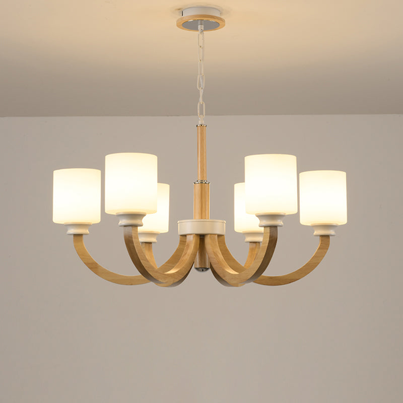 Wooden Arc Arm Up Chandelier Minimalist Brown Hanging Light with Cylindrical White Glass Shade 6 Wood Clearhalo 'Carpenter Chandeliers' 'Ceiling Lights' 'Chandeliers' 'Industrial' 'Modern Chandeliers' 'Modern' Lighting' 2462261