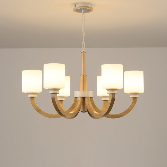 Wooden Arc Arm Up Chandelier Minimalist Brown Hanging Light with Cylindrical White Glass Shade 6 Wood Clearhalo 'Carpenter Chandeliers' 'Ceiling Lights' 'Chandeliers' 'Industrial' 'Modern Chandeliers' 'Modern' Lighting' 2462261