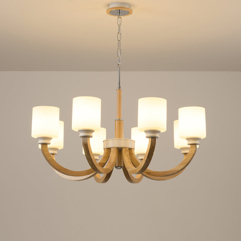 Wooden Arc Arm Up Chandelier Minimalist Brown Hanging Light with Cylindrical White Glass Shade 8 Wood Clearhalo 'Carpenter Chandeliers' 'Ceiling Lights' 'Chandeliers' 'Industrial' 'Modern Chandeliers' 'Modern' Lighting' 2462262