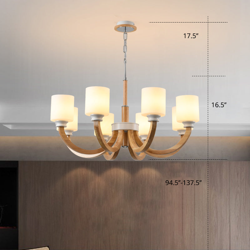 Wooden Arc Arm Up Chandelier Minimalist Brown Hanging Light with Cylindrical White Glass Shade Clearhalo 'Carpenter Chandeliers' 'Ceiling Lights' 'Chandeliers' 'Industrial' 'Modern Chandeliers' 'Modern' Lighting' 2462263
