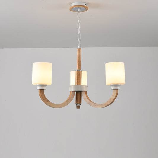 Wooden Arc Arm Up Chandelier Minimalist Brown Hanging Light with Cylindrical White Glass Shade 3 Wood Clearhalo 'Carpenter Chandeliers' 'Ceiling Lights' 'Chandeliers' 'Industrial' 'Modern Chandeliers' 'Modern' Lighting' 2462264