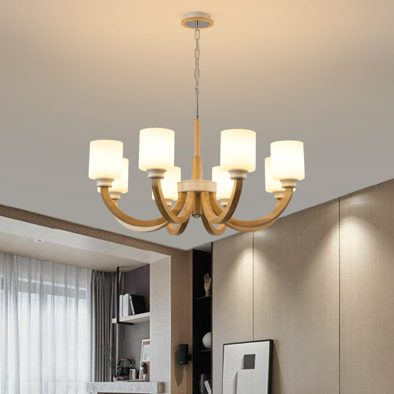 Wooden Arc Arm Up Chandelier Minimalist Brown Hanging Light with Cylindrical White Glass Shade Clearhalo 'Carpenter Chandeliers' 'Ceiling Lights' 'Chandeliers' 'Industrial' 'Modern Chandeliers' 'Modern' Lighting' 2462266