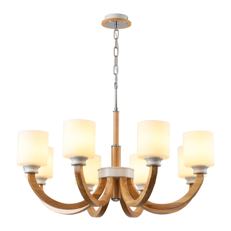 Wooden Arc Arm Up Chandelier Minimalist Brown Hanging Light with Cylindrical White Glass Shade Clearhalo 'Carpenter Chandeliers' 'Ceiling Lights' 'Chandeliers' 'Industrial' 'Modern Chandeliers' 'Modern' Lighting' 2462267