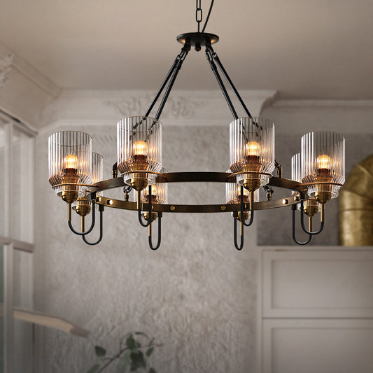 Cylindrical Ribbed Glass Up Chandelier Vintage Dining Room Suspension Lamp in Black Clearhalo 'Ceiling Lights' 'Chandeliers' 'Close To Ceiling Lights' 'Glass shade' 'Glass' 'Industrial Chandeliers' 'Industrial' 'Middle Century Chandeliers' 'Tiffany' Lighting' 2462275