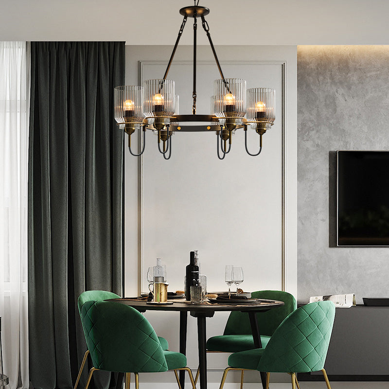 Cylindrical Ribbed Glass Up Chandelier Vintage Dining Room Suspension Lamp in Black Clearhalo 'Ceiling Lights' 'Chandeliers' 'Close To Ceiling Lights' 'Glass shade' 'Glass' 'Industrial Chandeliers' 'Industrial' 'Middle Century Chandeliers' 'Tiffany' Lighting' 2462276