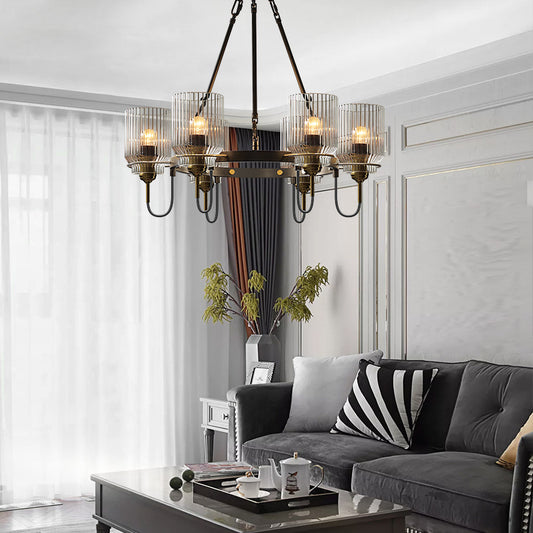 Cylindrical Ribbed Glass Up Chandelier Vintage Dining Room Suspension Lamp in Black 6 Black Clearhalo 'Ceiling Lights' 'Chandeliers' 'Close To Ceiling Lights' 'Glass shade' 'Glass' 'Industrial Chandeliers' 'Industrial' 'Middle Century Chandeliers' 'Tiffany' Lighting' 2462278