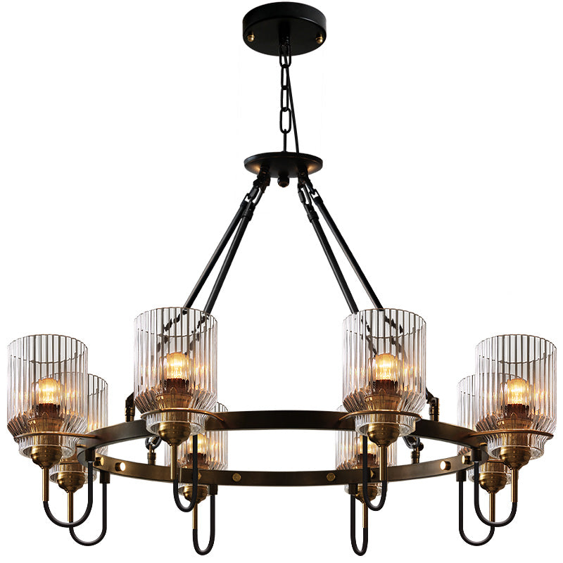 Cylindrical Ribbed Glass Up Chandelier Vintage Dining Room Suspension Lamp in Black Clearhalo 'Ceiling Lights' 'Chandeliers' 'Close To Ceiling Lights' 'Glass shade' 'Glass' 'Industrial Chandeliers' 'Industrial' 'Middle Century Chandeliers' 'Tiffany' Lighting' 2462279