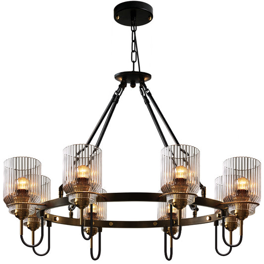Cylindrical Ribbed Glass Up Chandelier Vintage Dining Room Suspension Lamp in Black Clearhalo 'Ceiling Lights' 'Chandeliers' 'Close To Ceiling Lights' 'Glass shade' 'Glass' 'Industrial Chandeliers' 'Industrial' 'Middle Century Chandeliers' 'Tiffany' Lighting' 2462279
