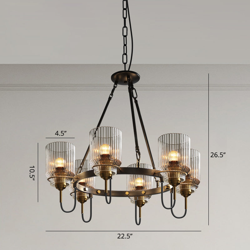 Cylindrical Ribbed Glass Up Chandelier Vintage Dining Room Suspension Lamp in Black Clearhalo 'Ceiling Lights' 'Chandeliers' 'Close To Ceiling Lights' 'Glass shade' 'Glass' 'Industrial Chandeliers' 'Industrial' 'Middle Century Chandeliers' 'Tiffany' Lighting' 2462280