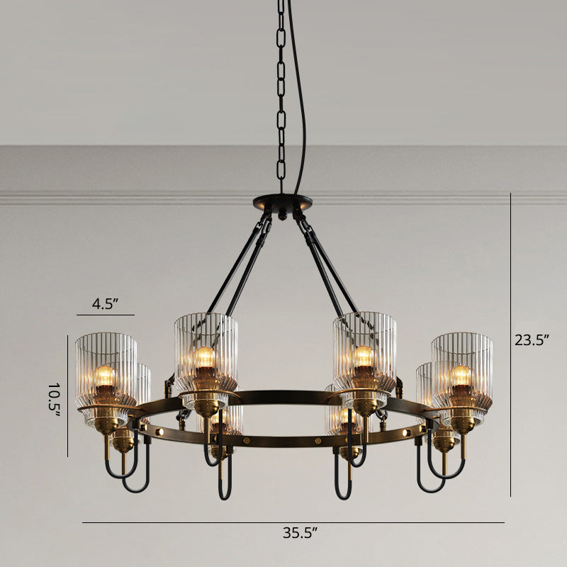 Cylindrical Ribbed Glass Up Chandelier Vintage Dining Room Suspension Lamp in Black Clearhalo 'Ceiling Lights' 'Chandeliers' 'Close To Ceiling Lights' 'Glass shade' 'Glass' 'Industrial Chandeliers' 'Industrial' 'Middle Century Chandeliers' 'Tiffany' Lighting' 2462281