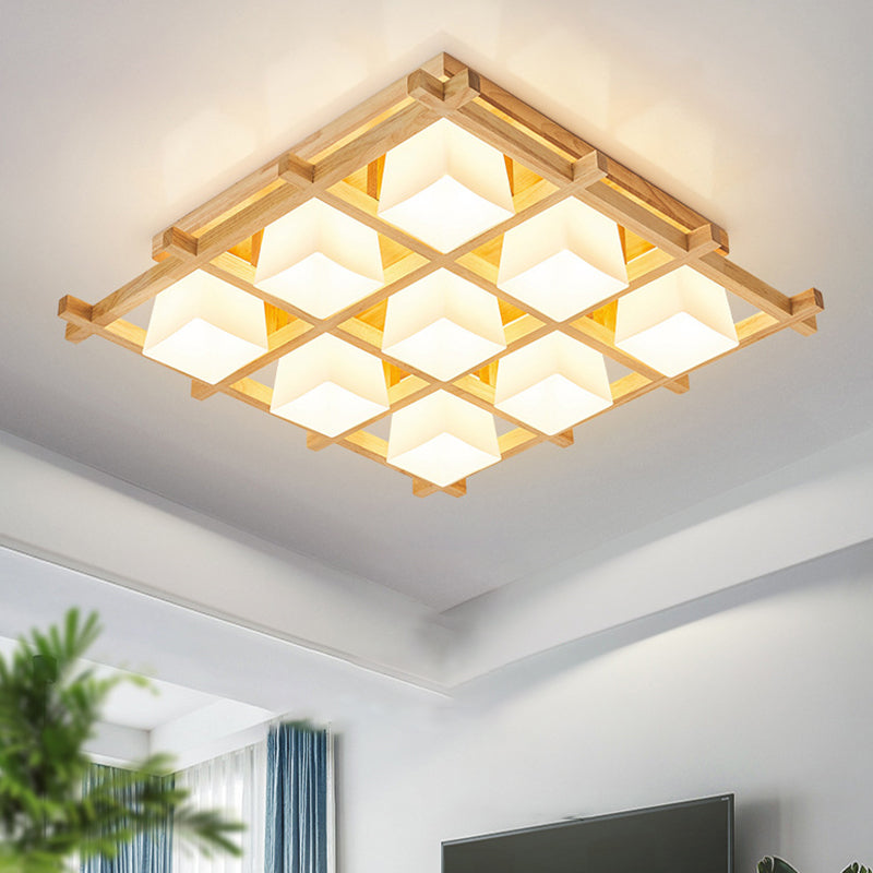 Checkered Wooden Ceiling Lighting Modernism Beige Flushmount Light with Opal Glass Shade 9 Wood Clearhalo 'Ceiling Lights' 'Close To Ceiling Lights' 'Close to ceiling' 'Flush mount' Lighting' 2462287