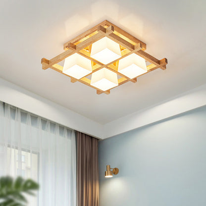 Checkered Wooden Ceiling Lighting Modernism Beige Flushmount Light with Opal Glass Shade 4 Wood Clearhalo 'Ceiling Lights' 'Close To Ceiling Lights' 'Close to ceiling' 'Flush mount' Lighting' 2462288