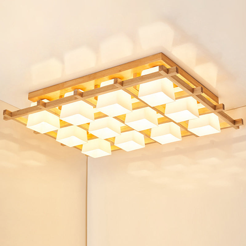Checkered Wooden Ceiling Lighting Modernism Beige Flushmount Light with Opal Glass Shade 12 Wood Clearhalo 'Ceiling Lights' 'Close To Ceiling Lights' 'Close to ceiling' 'Flush mount' Lighting' 2462289
