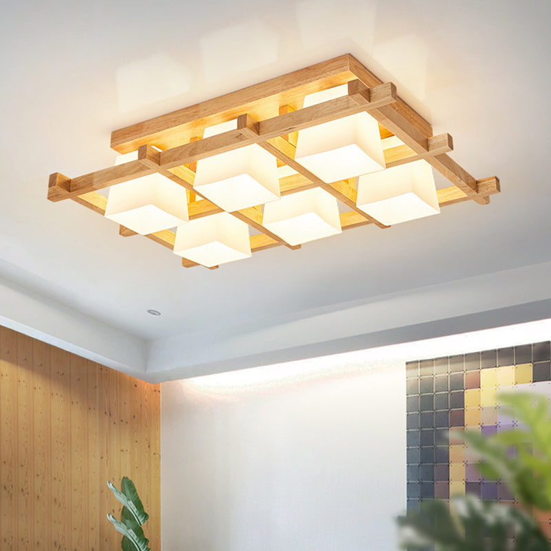 Checkered Wooden Ceiling Lighting Modernism Beige Flushmount Light with Opal Glass Shade 6 Wood Clearhalo 'Ceiling Lights' 'Close To Ceiling Lights' 'Close to ceiling' 'Flush mount' Lighting' 2462292