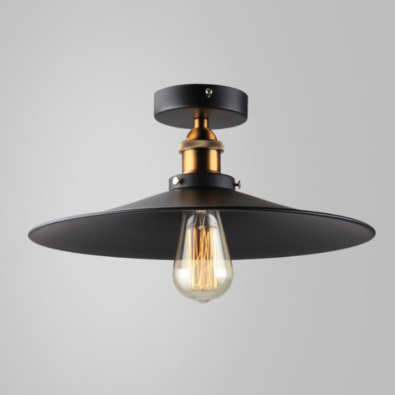 Black Shaded Semi-Flush Ceiling Light Vintage Metal 1-Light Kitchen Flush Mount Light Fixture Black Wide Flare Clearhalo 'Ceiling Lights' 'Close To Ceiling Lights' 'Close to ceiling' 'Semi-flushmount' Lighting' 2462315
