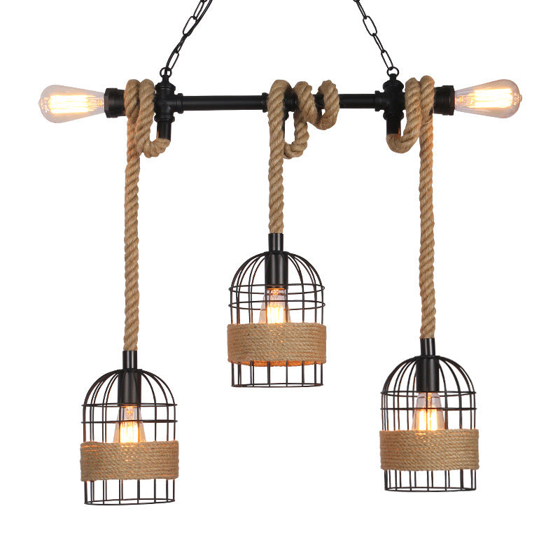 Birdcage Rope Island Ceiling Light Rustic 5-Light Dining Room Pendant Lighting in Black Clearhalo 'Ceiling Lights' 'Island Lights' Lighting' 2462321