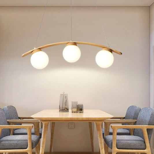 Arc Island Ceiling Light Nordic Wooden 3-Head Dining Room Hanging Lamp with Ball White Glass Shade Clearhalo 'Ceiling Lights' 'Island Lights' Lighting' 2462323