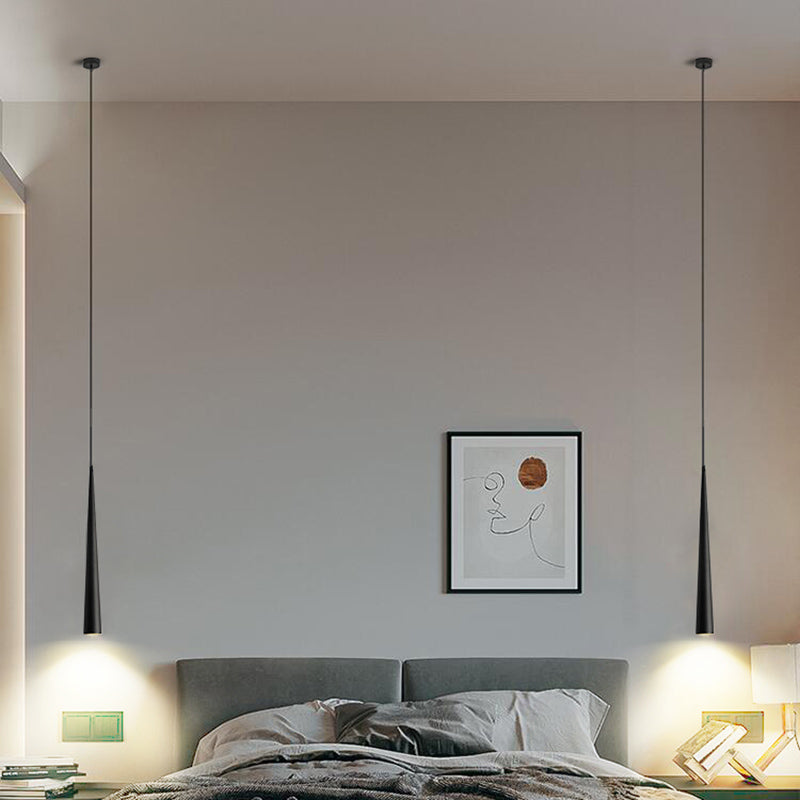 Simplicity Tube LED Hanging Lamp Metal Bedside Suspension Pendant Light in Black Black Cone Clearhalo 'Ceiling Lights' 'Modern Pendants' 'Modern' 'Pendant Lights' 'Pendants' Lighting' 2462355