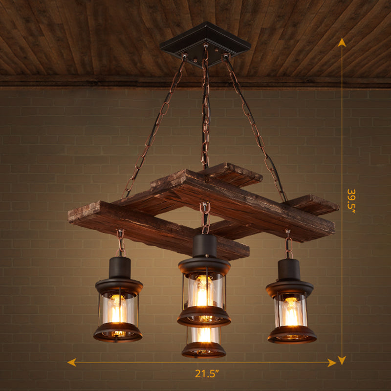 Clear Glass Lantern Suspension Lamp Nautical Living Room Ceiling Chandelier in Wood Wood Rhombus Clearhalo 'Carpenter Chandeliers' 'Ceiling Lights' 'Chandeliers' 'Industrial Chandeliers' 'Industrial' 'Middle Century Chandeliers' 'Modern' 'Tiffany' Lighting' 2462389
