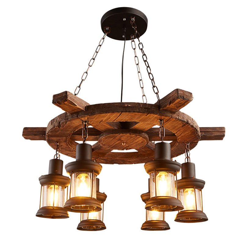 Clear Glass Lantern Suspension Lamp Nautical Living Room Ceiling Chandelier in Wood Clearhalo 'Carpenter Chandeliers' 'Ceiling Lights' 'Chandeliers' 'Industrial Chandeliers' 'Industrial' 'Middle Century Chandeliers' 'Modern' 'Tiffany' Lighting' 2462390
