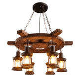 Clear Glass Lantern Suspension Lamp Nautical Living Room Ceiling Chandelier in Wood Clearhalo 'Carpenter Chandeliers' 'Ceiling Lights' 'Chandeliers' 'Industrial Chandeliers' 'Industrial' 'Middle Century Chandeliers' 'Modern' 'Tiffany' Lighting' 2462390