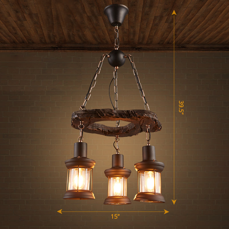 Clear Glass Lantern Suspension Lamp Nautical Living Room Ceiling Chandelier in Wood Wood Circle Clearhalo 'Carpenter Chandeliers' 'Ceiling Lights' 'Chandeliers' 'Industrial Chandeliers' 'Industrial' 'Middle Century Chandeliers' 'Modern' 'Tiffany' Lighting' 2462391