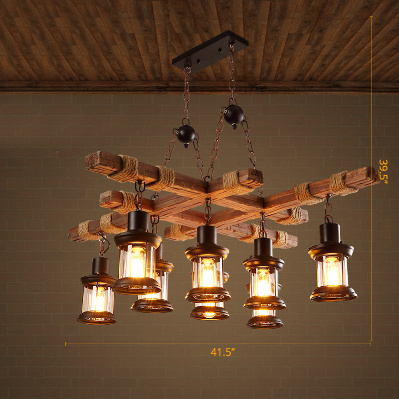 Clear Glass Lantern Suspension Lamp Nautical Living Room Ceiling Chandelier in Wood Wood Square Clearhalo 'Carpenter Chandeliers' 'Ceiling Lights' 'Chandeliers' 'Industrial Chandeliers' 'Industrial' 'Middle Century Chandeliers' 'Modern' 'Tiffany' Lighting' 2462394