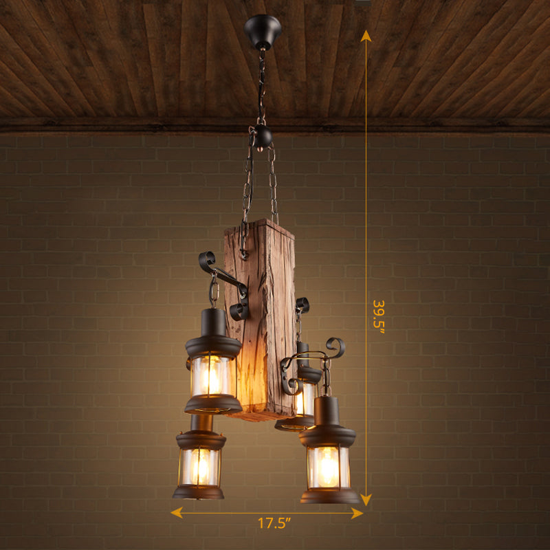 Clear Glass Lantern Suspension Lamp Nautical Living Room Ceiling Chandelier in Wood Wood Long Arm Clearhalo 'Carpenter Chandeliers' 'Ceiling Lights' 'Chandeliers' 'Industrial Chandeliers' 'Industrial' 'Middle Century Chandeliers' 'Modern' 'Tiffany' Lighting' 2462395