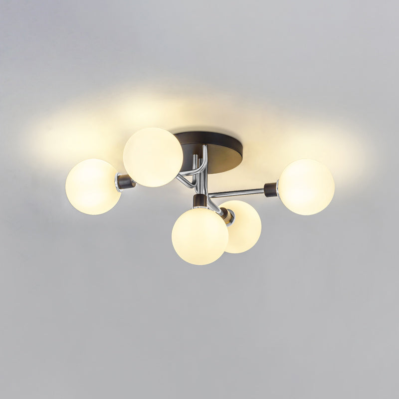 5 Lights Dining Room Ceiling Lamp Postmodern Style Semi Flush Light with Ball Glass Shade Silver White Clearhalo 'Ceiling Lights' 'Close To Ceiling Lights' 'Close to ceiling' 'Glass shade' 'Glass' 'Pendant Lights' 'Semi-flushmount' Lighting' 2462403