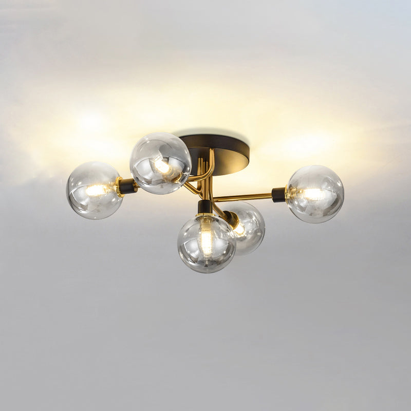 5 Lights Dining Room Ceiling Lamp Postmodern Style Semi Flush Light with Ball Glass Shade Gold Clear Clearhalo 'Ceiling Lights' 'Close To Ceiling Lights' 'Close to ceiling' 'Glass shade' 'Glass' 'Pendant Lights' 'Semi-flushmount' Lighting' 2462406