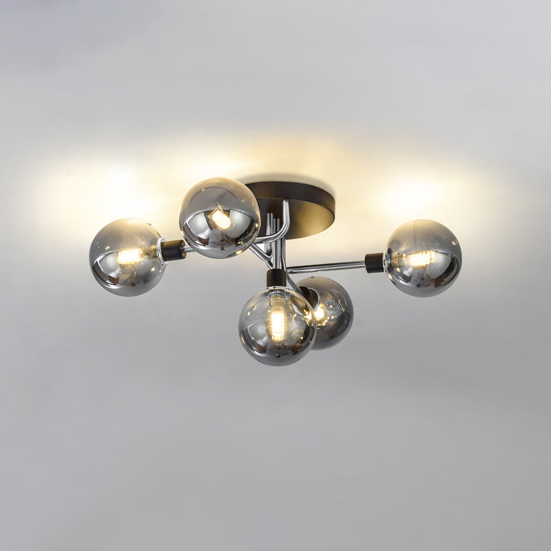 5 Lights Dining Room Ceiling Lamp Postmodern Style Semi Flush Light with Ball Glass Shade Silver Smoke Grey Clearhalo 'Ceiling Lights' 'Close To Ceiling Lights' 'Close to ceiling' 'Glass shade' 'Glass' 'Pendant Lights' 'Semi-flushmount' Lighting' 2462408
