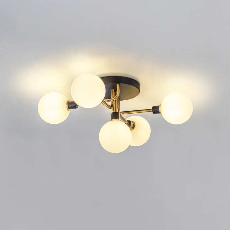 5 Lights Dining Room Ceiling Lamp Postmodern Style Semi Flush Light with Ball Glass Shade Gold White Clearhalo 'Ceiling Lights' 'Close To Ceiling Lights' 'Close to ceiling' 'Glass shade' 'Glass' 'Pendant Lights' 'Semi-flushmount' Lighting' 2462410