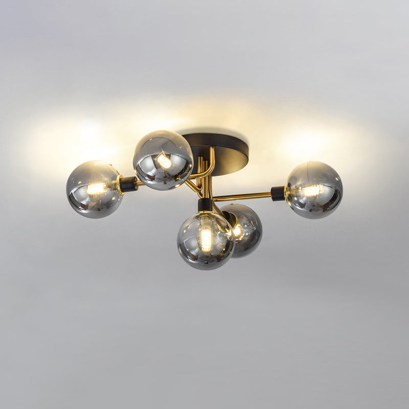 5 Lights Dining Room Ceiling Lamp Postmodern Style Semi Flush Light with Ball Glass Shade Gold Smoke Grey Clearhalo 'Ceiling Lights' 'Close To Ceiling Lights' 'Close to ceiling' 'Glass shade' 'Glass' 'Pendant Lights' 'Semi-flushmount' Lighting' 2462412