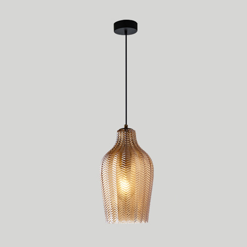 Wavy Glass Shaded Hanging Lamp Nordic Style Single Pendant Ceiling Light for Dining Room Cognac Bottle Clearhalo 'Ceiling Lights' 'Chandeliers' 'Glass shade' 'Glass' 'Modern Pendants' 'Modern' 'Pendant Lights' 'Pendants' Lighting' 2462437