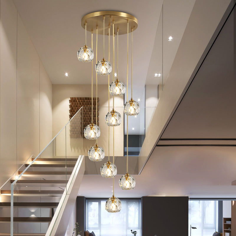 Ball Beveled K9 Crystal Suspension Lamp Simplicity Brass Finish Multi Pendant Ceiling Light 10 Brass Clearhalo 'Ceiling Lights' 'Modern Pendants' 'Modern' 'Pendant Lights' 'Pendants' Lighting' 2462461