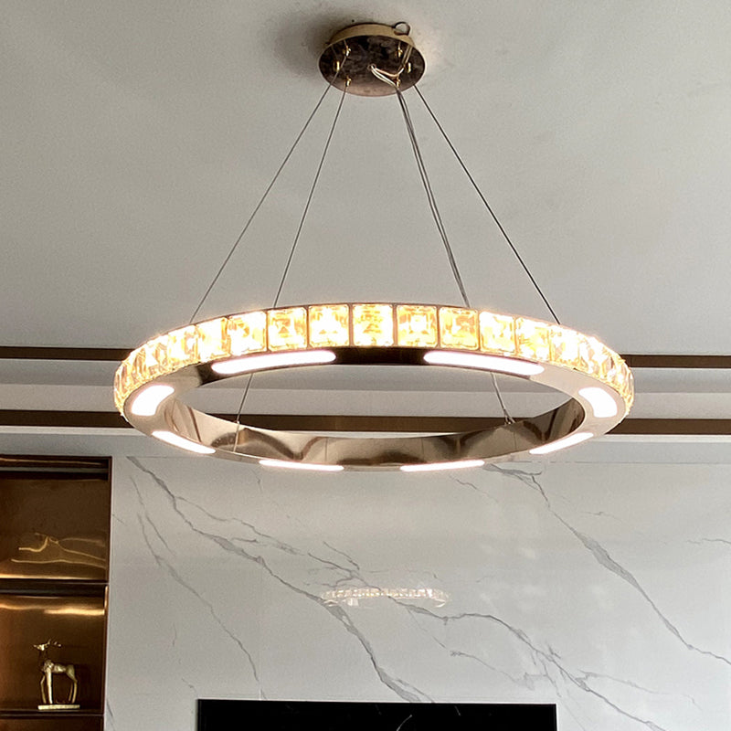 Gold Ring Shaped Chandelier Simple Crystal Embedded LED Pendant Light ...