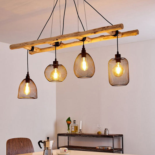 Iron Mesh Style Suspension Lighting Rustic 4-Bulb Dining Room Island Light in Wood Clearhalo 'Ceiling Lights' 'Island Lights' Lighting' 2462523