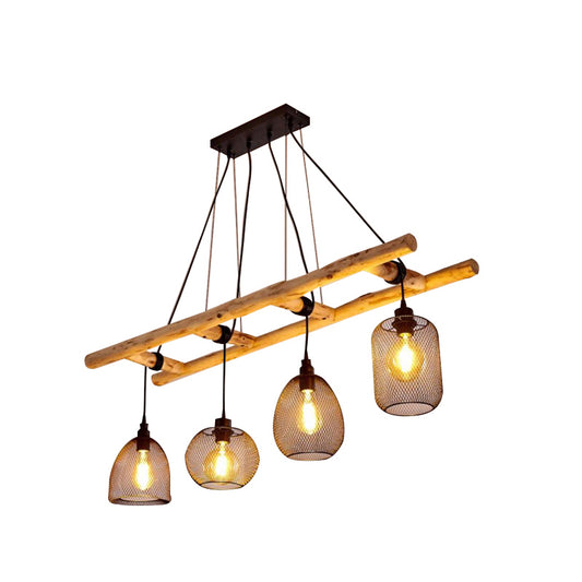Iron Mesh Style Suspension Lighting Rustic 4-Bulb Dining Room Island Light in Wood Clearhalo 'Ceiling Lights' 'Island Lights' Lighting' 2462526