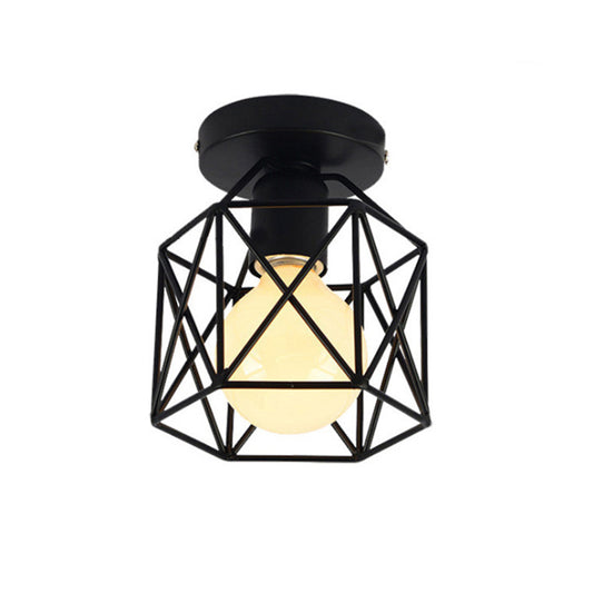 Hexagonal Cage Foyer Flush Mount Light Fixture Industrial Style Metal Single Black Close to Ceiling Light Black Clearhalo 'Ceiling Lights' 'Close To Ceiling Lights' 'Close to ceiling' 'Flush mount' 'Industrial Flush Mount' Lighting' 2462648