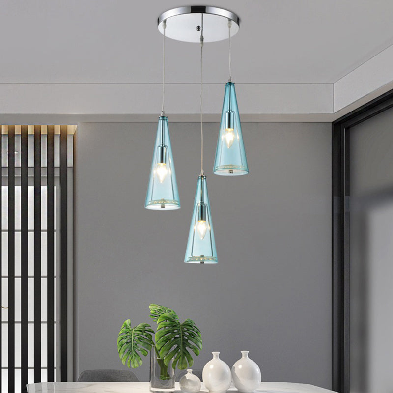 Conical Glass Multi-Light Pendant Modernist 3-Head Hanging Ceiling Light for Dining Room Blue Round Clearhalo 'Ceiling Lights' 'Chandeliers' 'Glass shade' 'Glass' 'Modern Pendants' 'Modern' 'Pendant Lights' 'Pendants' Lighting' 2462667